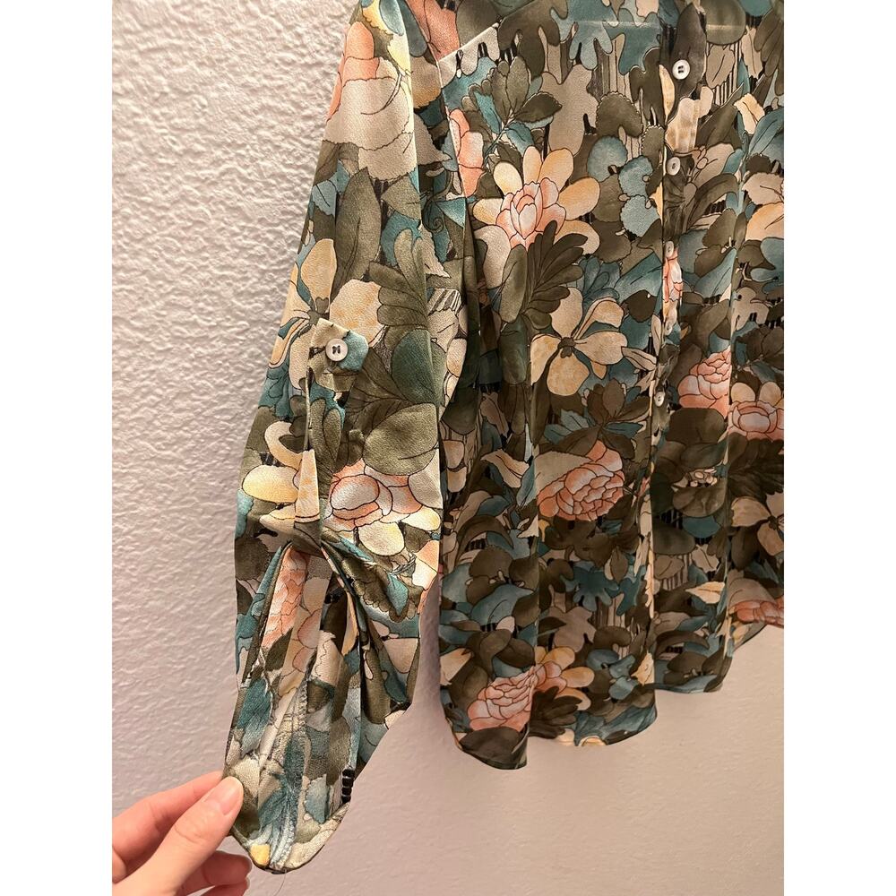 Vintage 70s Pucci Floral Blouse 9/10 Roll Tab Sleeve Boho Secretary Shirt Boho - Picture 7 of 11